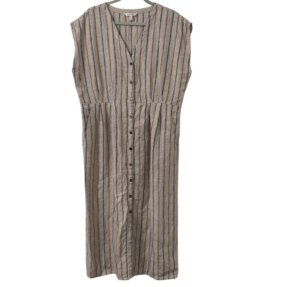 Garnet Hill 100% Linen Dress Womens 16 Beige Striped Button Front Coastal Lagom